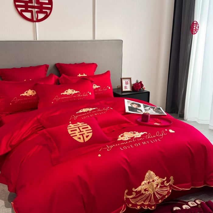 91家纺网 家纺一手货源 找家纺 欧乐蒂 2025新款欧式亲肤棉婚庆四件套 锦绣佳缘-红