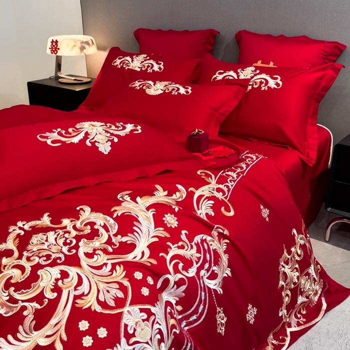 91家纺网 家纺一手货源 找家纺 欧乐蒂 2025新款欧式亲肤棉婚庆四件套 巴洛克-红