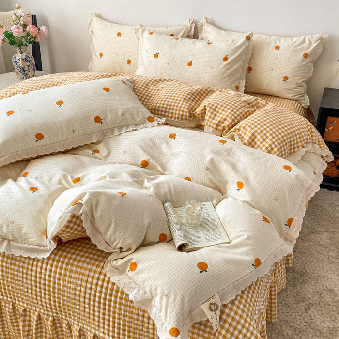 91家纺网 家纺一手货源 找家纺 梦可莱家居 2025新款全棉韩版蕾丝边床盖四件套 甜橙