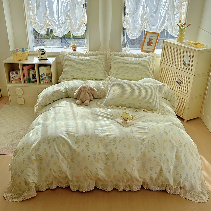 91家纺网 家纺一手货源 找家纺 美梦家纺 2025新款A类全棉13372花边床盖四件套-白边 白边-萱草