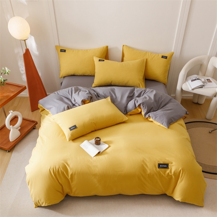 91家纺网 家纺一手货源 找家纺 趣色家纺 2025新款全棉双拼纯色四件套 米黄+深灰