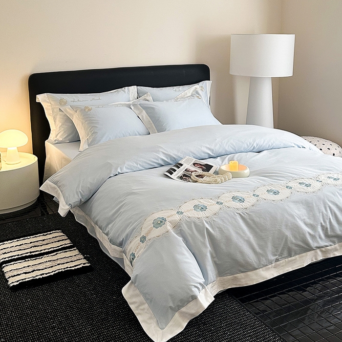 91家纺网 家纺一手货源 找家纺 懒猫家纺 2025新款【克莉斯】全棉刺绣四件套 克莉斯-蓝