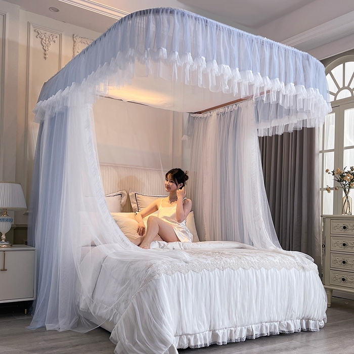 91家纺网 家纺一手货源 找家纺 宝莱利 2025年新款拉幕导轨蚊帐（可升降合金弯头支架）-田园风情 灰蓝色