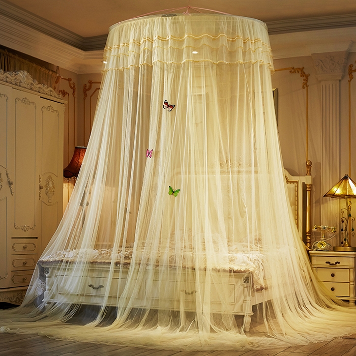 91家纺网 家纺一手货源 找家纺 宝莱利 2025年新款1.5米直径圆顶吊顶落地蚊帐-芳华 米黄