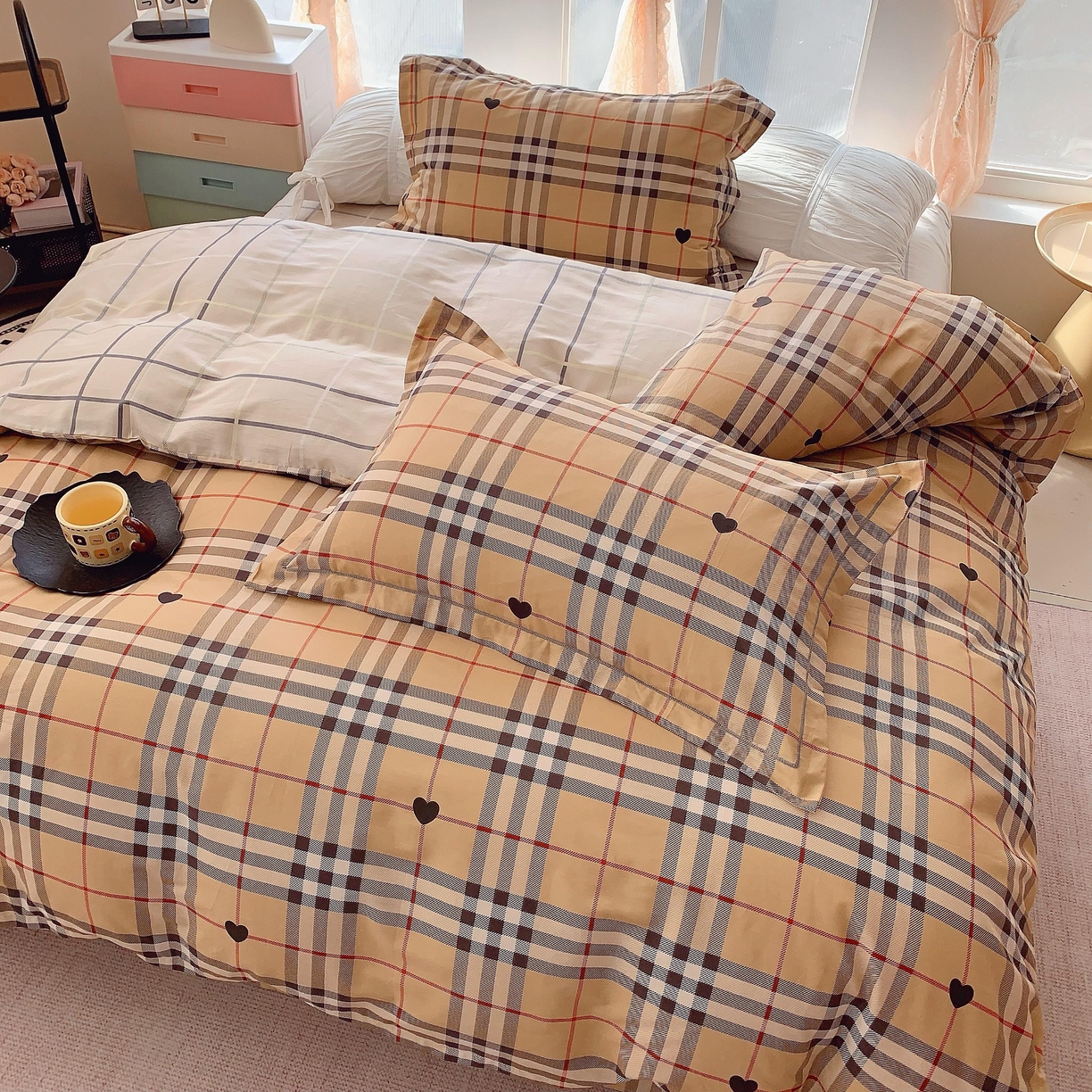 91家纺网 家纺一手货源 找家纺 奈萝家纺 2025新款亲肤小清新全棉四件套 咖啡格