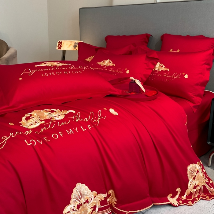 91家纺网 家纺一手货源 找家纺 欧乐蒂 2025新款欧式亲肤棉婚庆四件套 锦绣佳缘-红