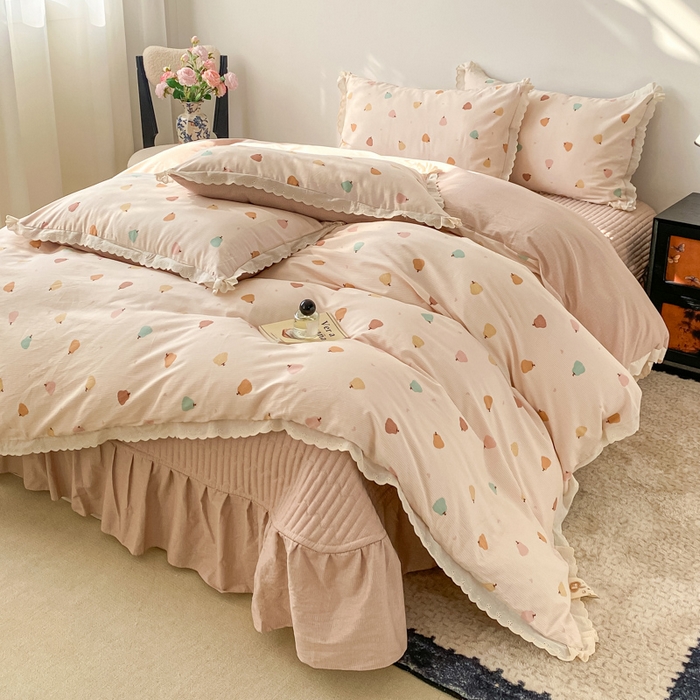 91家纺网 家纺一手货源 找家纺 梦可莱家居 2025新款全棉韩版蕾丝边床盖四件套 南瓜