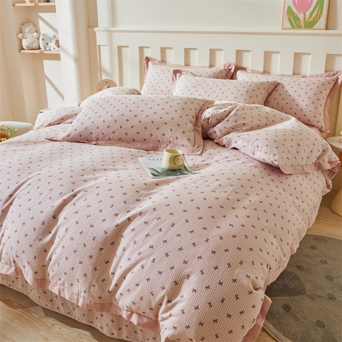 91家纺网 家纺一手货源 找家纺 缦彩 【加微信送买家秀】2025新款母婴级双层纱宽边床单四件套 竹生空野