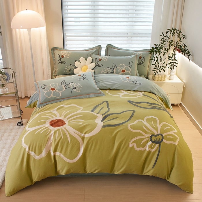 91家纺网 家纺一手货源 找家纺 启航家居2025新款春夏直播爆款全棉大版印花四件套 绒朵绿