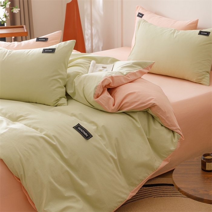 91家纺网 家纺一手货源 找家纺 趣色家纺 2025新款全棉双拼纯色四件套 抹茶+浅粉