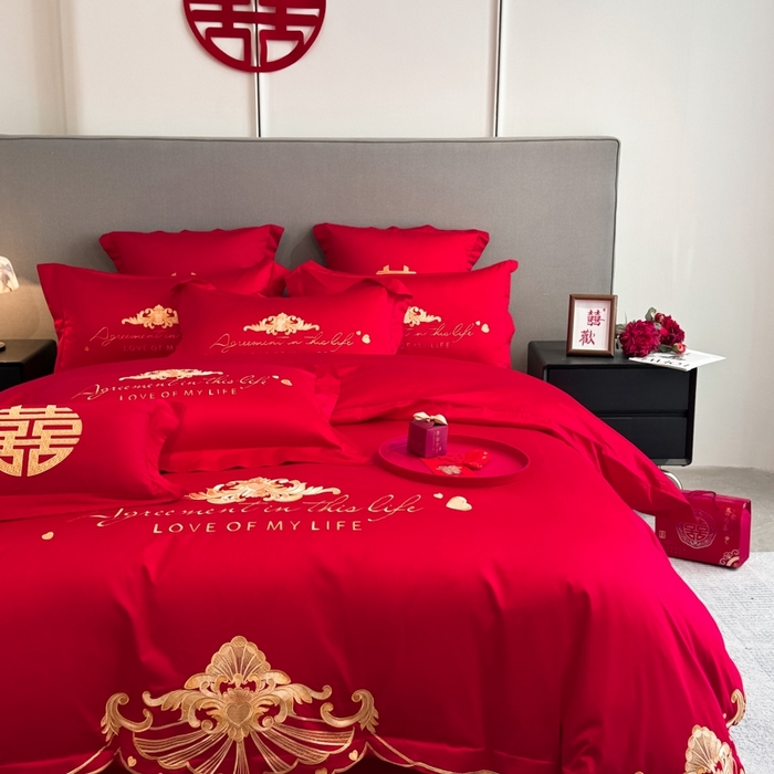 91家纺网 家纺一手货源 找家纺 欧乐蒂 2025新款欧式亲肤棉婚庆四件套 锦绣佳缘-红
