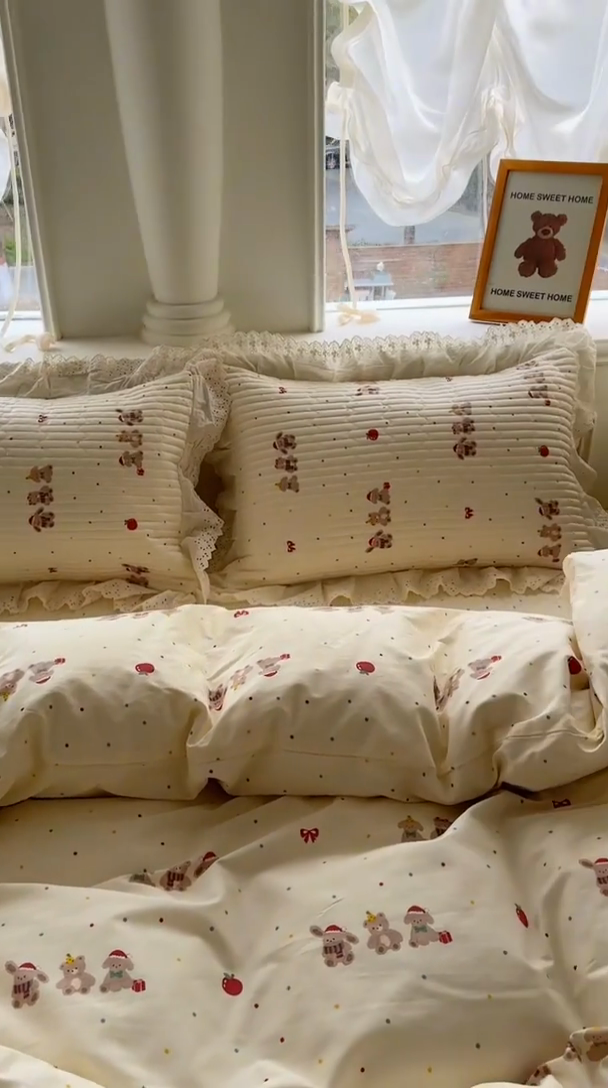 91家纺网 家纺一手货源 找家纺 美梦家纺 2025新款A类全棉13372花边床盖四件套-白边 白边-小美满