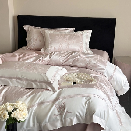 鹿班家居 2025春夏款高精密锦缎色织大提花长绒棉四件套【标准会员-20元】 醉清风-粉色