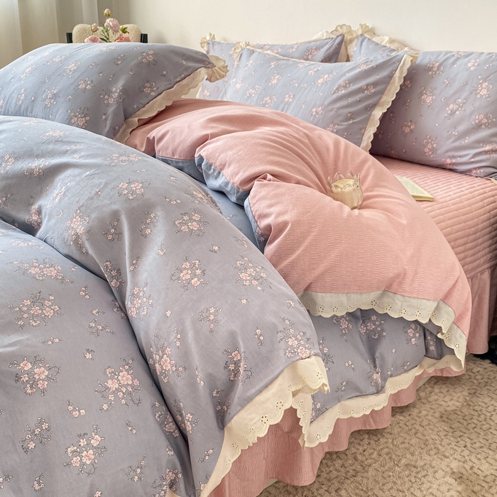 91家纺网 家纺一手货源 找家纺 梦可莱家居 2025新款全棉韩版蕾丝边床盖四件套 小幸福