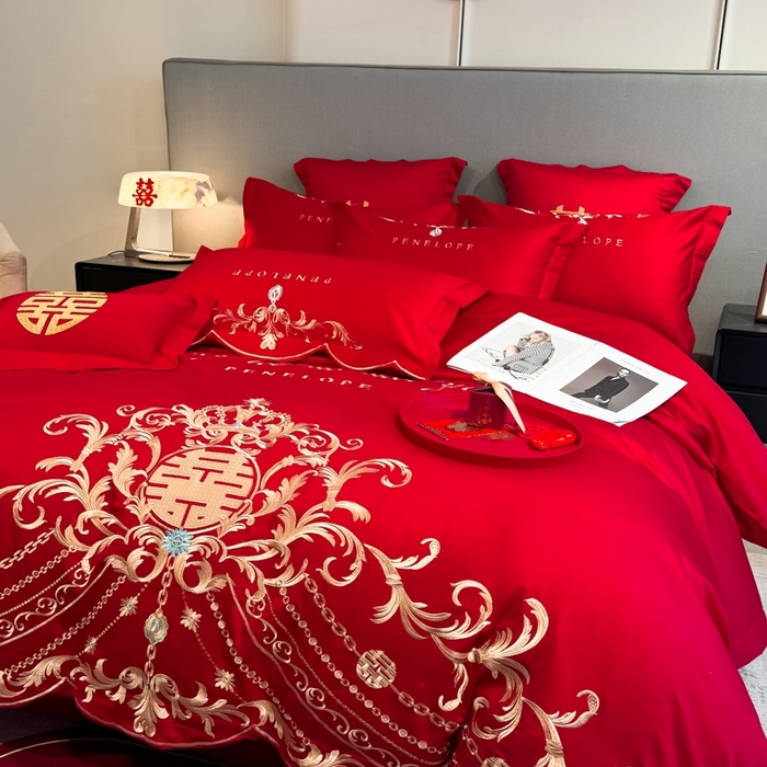 91家纺网 家纺一手货源 找家纺 欧乐蒂 2025新款欧式亲肤棉婚庆四件套 布拉格-红
