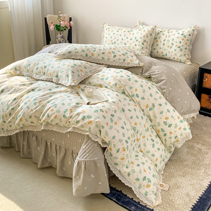 91家纺网 家纺一手货源 找家纺 梦可莱家居 2025新款全棉韩版蕾丝边床盖四件套 银杏叶