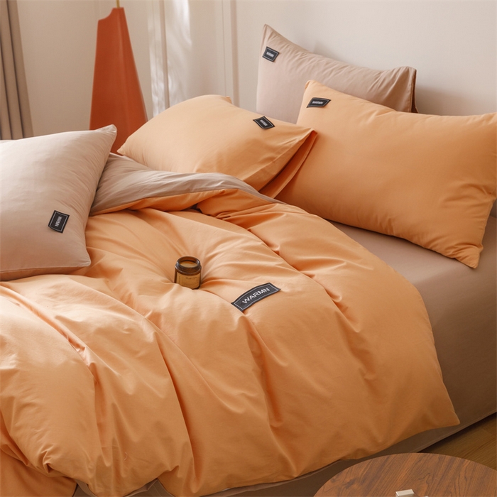 91家纺网 家纺一手货源 找家纺 趣色家纺 2025新款全棉双拼纯色四件套 焦糖+驼色