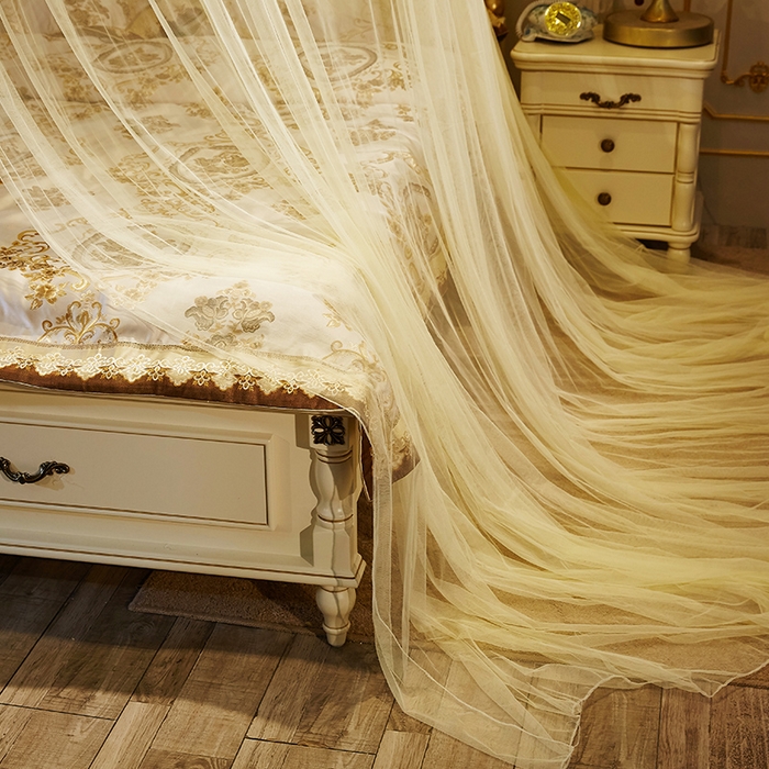 91家纺网 家纺一手货源 找家纺 宝莱利 2025年新款1.5米直径圆顶吊顶落地蚊帐-芳华 米黄