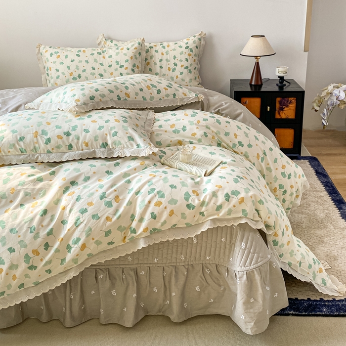 91家纺网 家纺一手货源 找家纺 梦可莱家居 2025新款全棉韩版蕾丝边床盖四件套 银杏叶