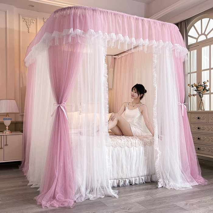 91家纺网 家纺一手货源 找家纺 宝莱利 2025年新款拉幕导轨蚊帐（可升降合金弯头支架）-田园风情 豆沙红