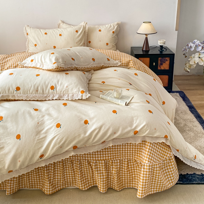 91家纺网 家纺一手货源 找家纺 梦可莱家居 2025新款全棉韩版蕾丝边床盖四件套 甜橙