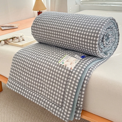 91家纺网 家纺一手货源 找家纺 首爱家纺 2025新款里外全棉夏被手包边新疆棉花夏被空调被夏凉被 细灰条