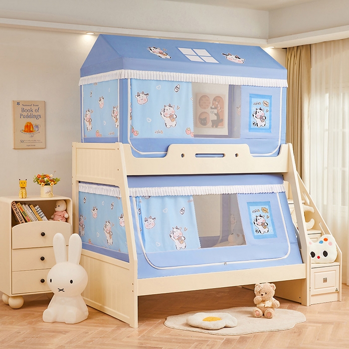 91家纺网 家纺一手货源 找家纺 迪凡保罗蚊帐 2025新款2504专版印花遮光帘上下铺子母蚊帐-城堡款 快乐牛牛