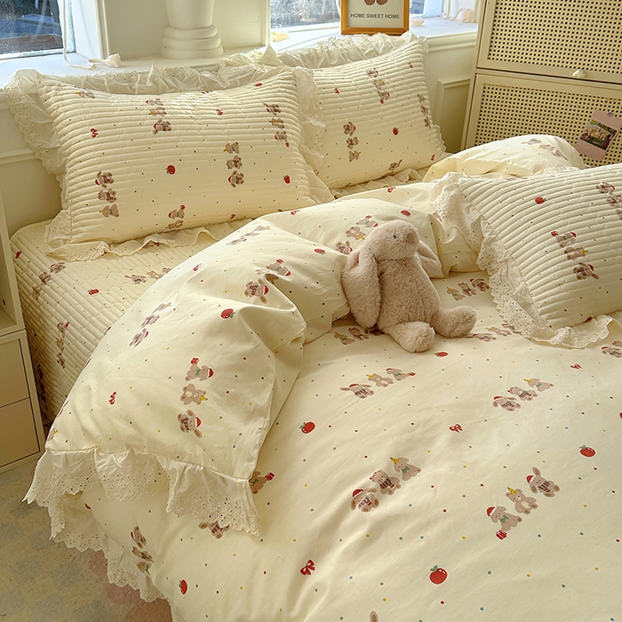 91家纺网 家纺一手货源 找家纺 美梦家纺 2025新款A类全棉13372花边床盖四件套-白边 白边-小美满