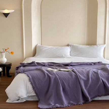 三朵 2025新款全棉四层绉绉纱流苏多功能毯 紫葡萄