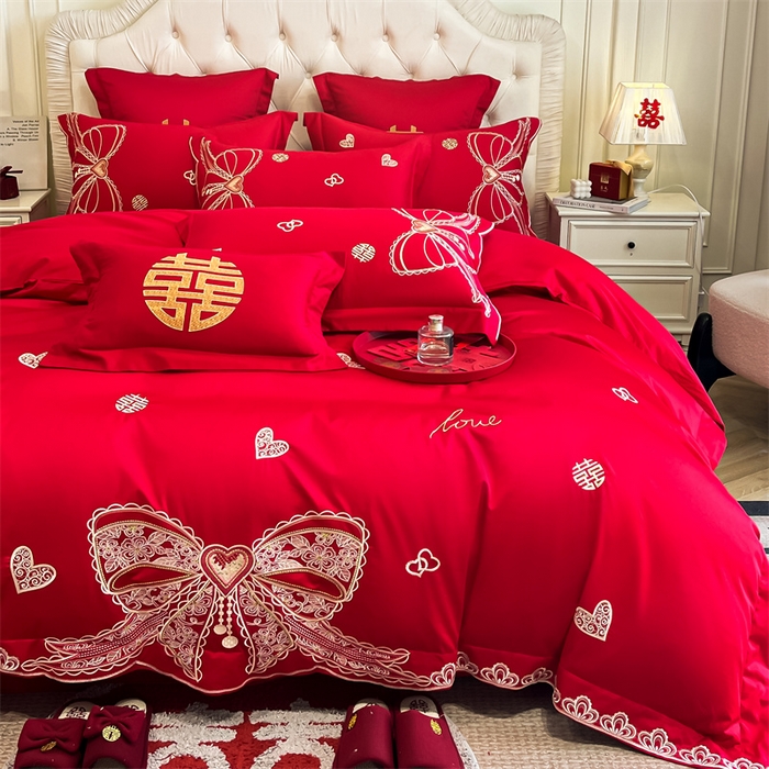 91家纺网 家纺一手货源 找家纺 欧乐蒂 2025新款亲肤棉刺绣婚庆四件套 一见倾心