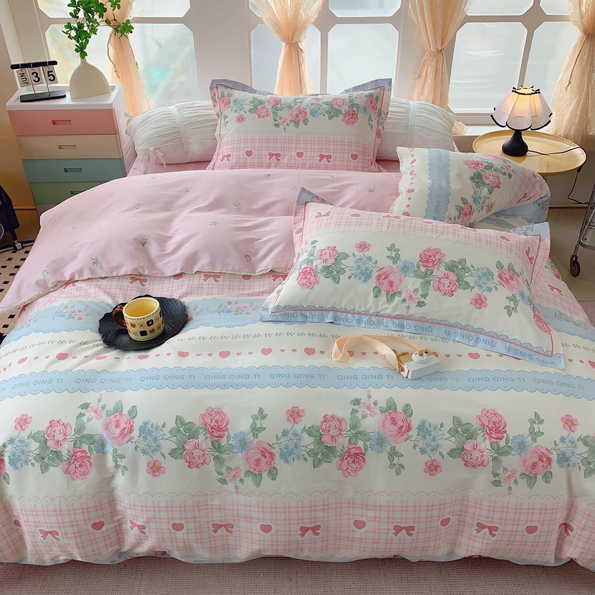 91家纺网 家纺一手货源 找家纺 奈萝家纺 2025新款亲肤小清新全棉四件套 安妮玫瑰