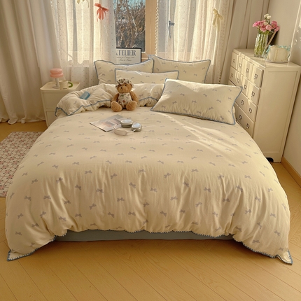 雅居纺家纺 2025新款全棉贝壳边双层纱四件套 蓝色蝴蝶结