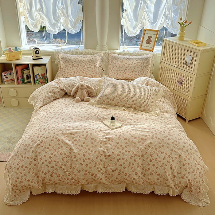 91家纺网 家纺一手货源 找家纺 美梦家纺 2025新款A类全棉13372花边床盖四件套-白边 白边-莫里小院