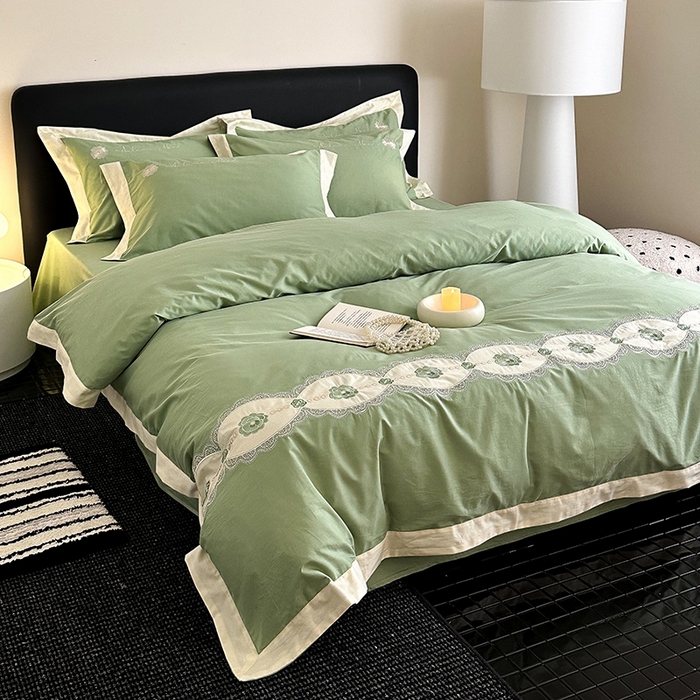 91家纺网 家纺一手货源 找家纺 懒猫家纺 2025新款【克莉斯】全棉刺绣四件套 克莉斯-绿