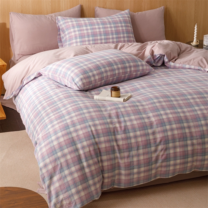 91家纺网 家纺一手货源 找家纺 趣色家纺 2025新款全棉色织水洗棉四件套 丁香格