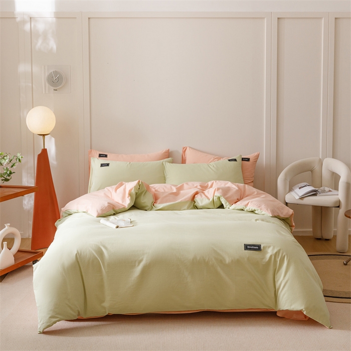 91家纺网 家纺一手货源 找家纺 趣色家纺 2025新款全棉双拼纯色四件套 抹茶+浅粉