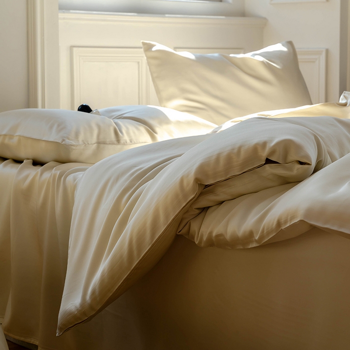 91家纺网 家纺一手货源 找家纺  沐晴家纺 2025春夏新款纯色兰精天丝四件套双拼单被套单床笠床单枕套 极地白