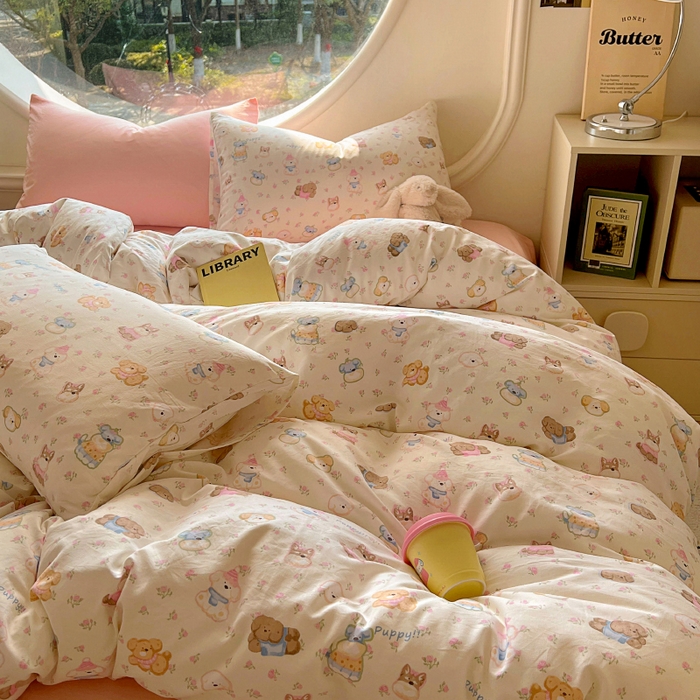 91家纺网 家纺一手货源 找家纺 2025耀达新款舒适水洗棉印花四件套 软萌西高地-印花