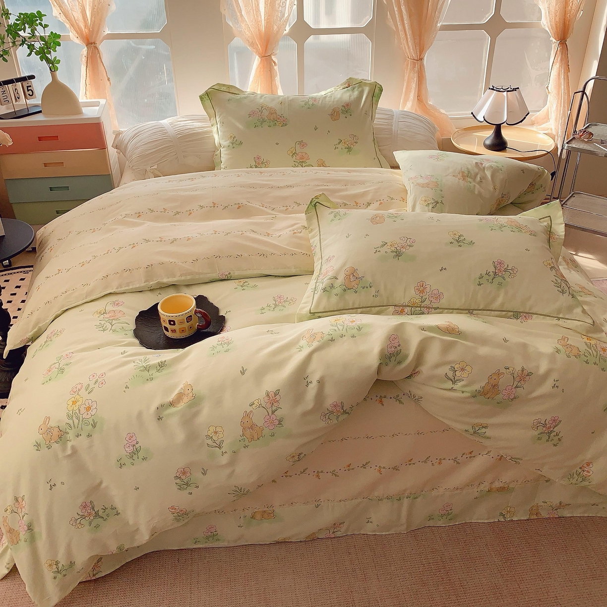 91家纺网 家纺一手货源 找家纺 奈萝家纺 2025新款亲肤小清新全棉四件套 花小兔