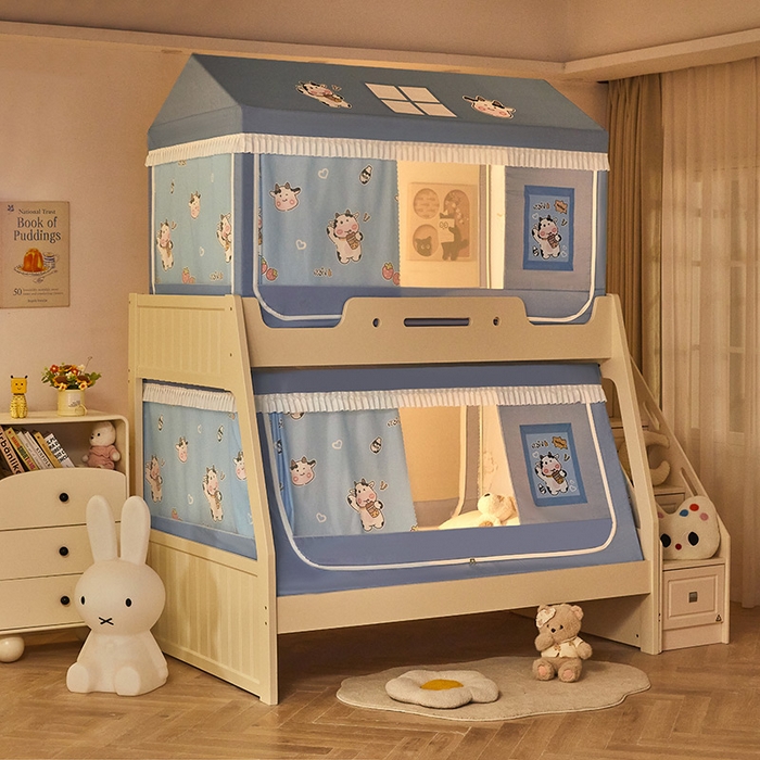 91家纺网 家纺一手货源 找家纺 迪凡保罗蚊帐 2025新款2504专版印花遮光帘上下铺子母蚊帐-城堡款 快乐牛牛