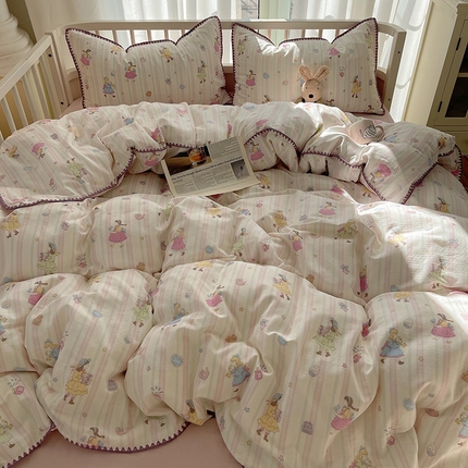 91家纺网 家纺一手货源 找家纺 三朵 2025新款全棉双层纱三角针四件套 萌畔粉