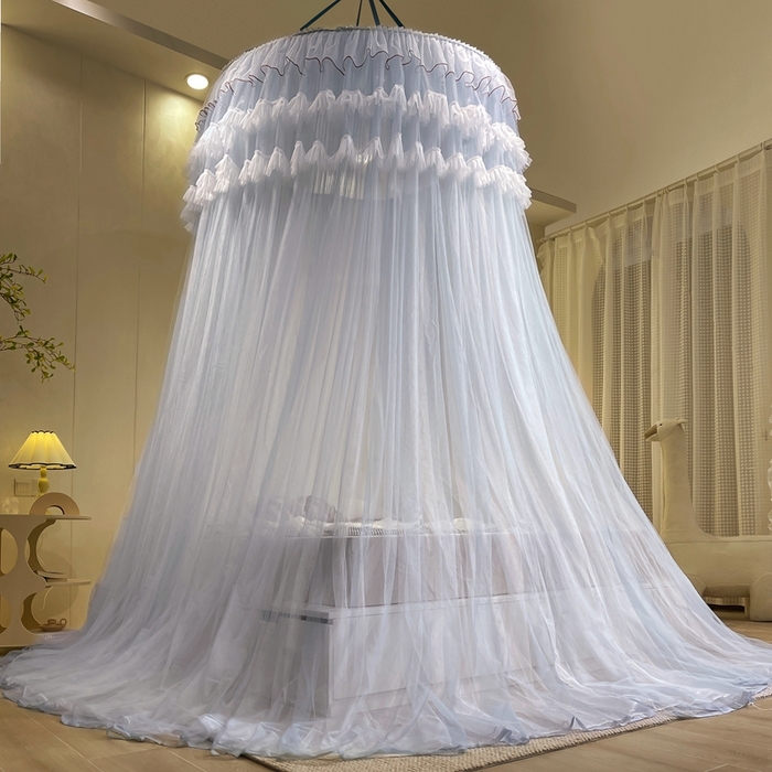 91家纺网 家纺一手货源 找家纺 宝莱利 2025年新款圆顶吊顶蚊帐-唯美 灰蓝色