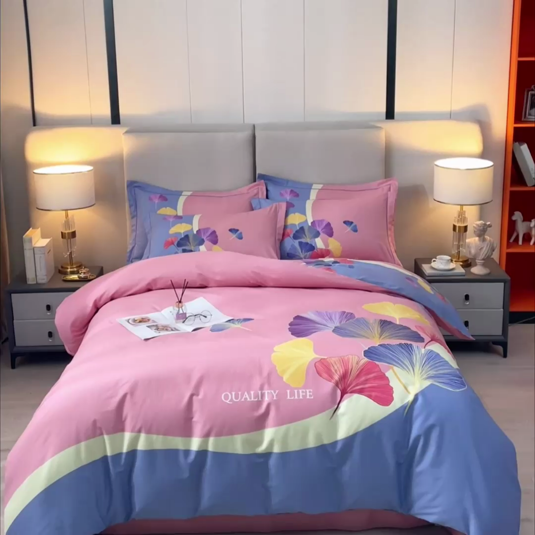 91家纺网 家纺一手货源 找家纺 启航家居2025新款春夏直播爆款全棉大版印花四件套 梦境之美粉