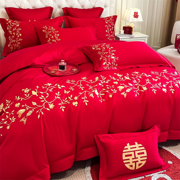 91家纺网 家纺一手货源 找家纺 欧乐蒂 2025新款亲肤棉刺绣婚庆四件套 喜上枝头