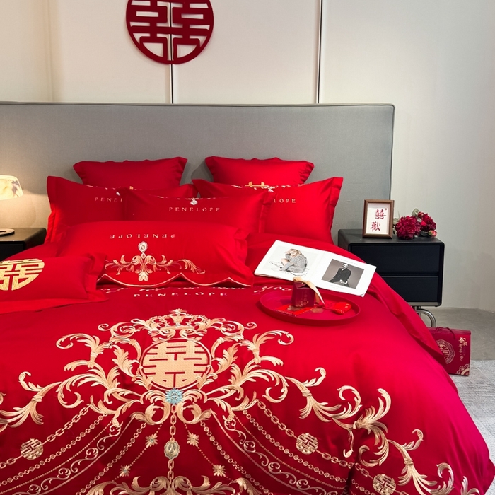 91家纺网 家纺一手货源 找家纺 欧乐蒂 2025新款欧式亲肤棉婚庆四件套 布拉格-红