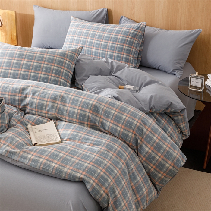 91家纺网 家纺一手货源 找家纺 趣色家纺 2025新款全棉色织水洗棉四件套 初晴蓝