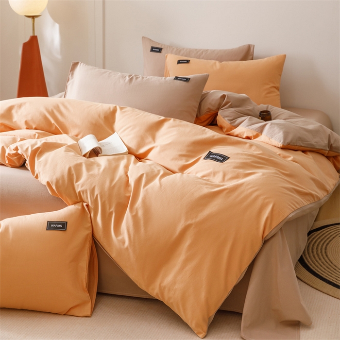 91家纺网 家纺一手货源 找家纺 趣色家纺 2025新款全棉双拼纯色四件套 焦糖+驼色