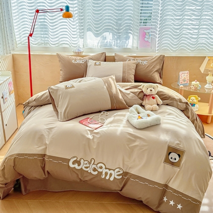 91家纺网 家纺一手货源 找家纺 懒猫家纺 2025新款【懒宝威尔】全棉拼接刺绣四件套 懒宝威尔-棕