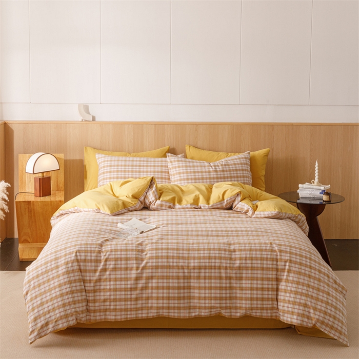 91家纺网 家纺一手货源 找家纺 趣色家纺 2025新款全棉色织水洗棉四件套 棉芷黄