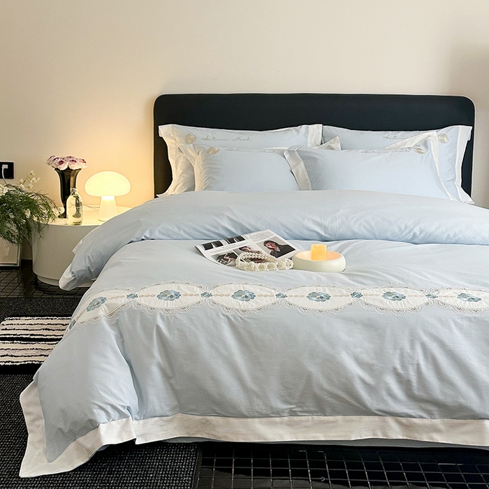 91家纺网 家纺一手货源 找家纺 懒猫家纺 2025新款【克莉斯】全棉刺绣四件套 克莉斯-蓝